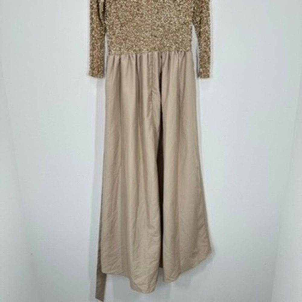 Pisarro Nights Beaded Bodice‎ Taffeta A-Line Gown Sequin Embellished Light Mocha - Picture 12 of 12